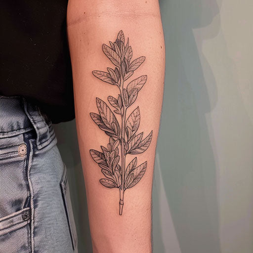 Classic flat tattoo sketch of a sage plant with detailed leaves