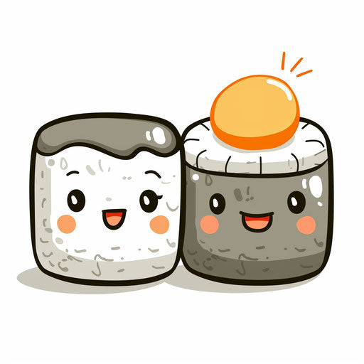 Two cute sushi rolls in grey and white on white background