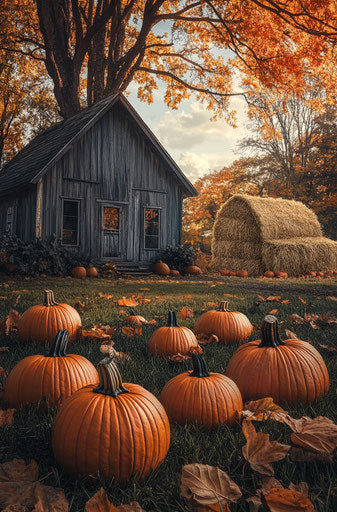 Rustic autumnal scene with pumpkins near an old wooden cottage