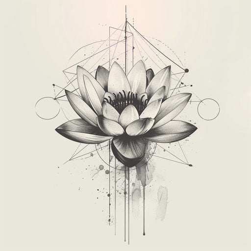 Abstract water lily tattoo concept, combining geometric shapes with the natural form of the flower, digitally illustrated on a white backdrop