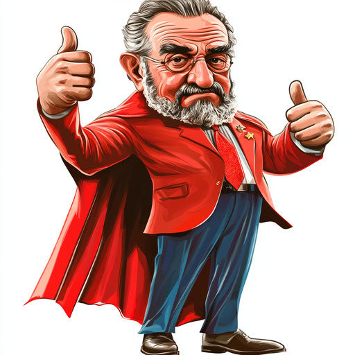 Humorous caricature of a Fidel Castro caricature clipart with human characteristics, exaggerated rosy cheeks, long arms, with a cape, vibrant colors, cartoon style, thumbs down, high-resolution, no background, isolated