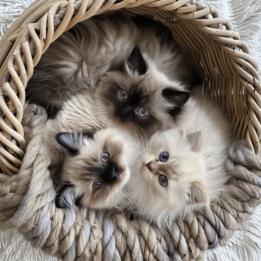 Two Himalayan cats snuggling in a wicker basket