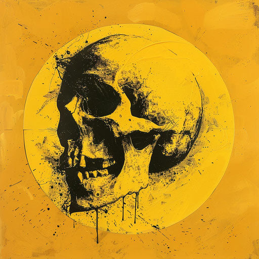 Yellow circle with skull motif in old memecore style