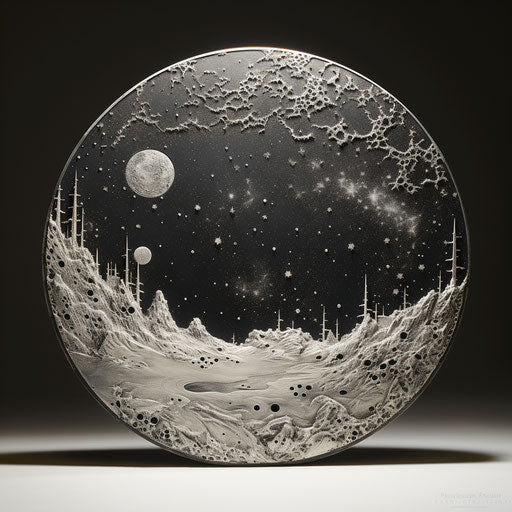 Black and white drawing of a moon with stars in the style of detailed botanical illustrations