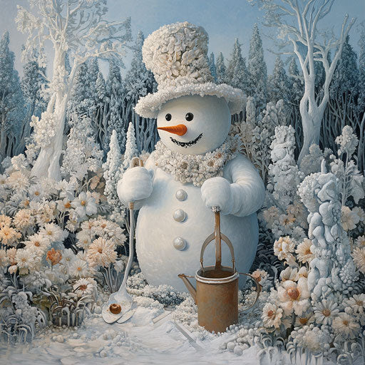 The snowman gardener of icy flowers