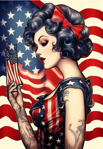 American woman with flag tattoo, highly stylized