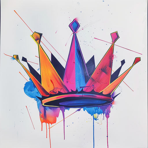 Abstract queen crown tattoo concept using geometric shapes and vibrant neon colors, showcased on a white canvas