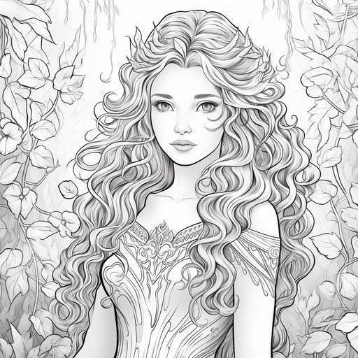 Vine princess: detailed coloring page, flat brushwork