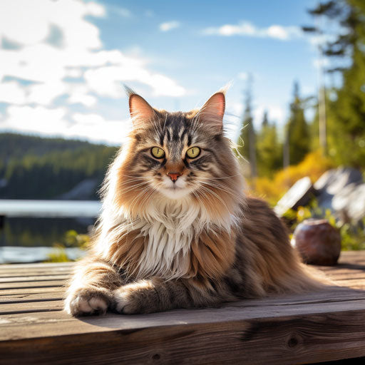 Norwegian forest cat lying on a dock