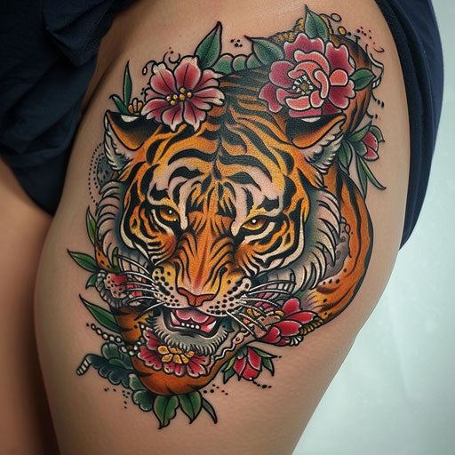 Hip tattoo of a tiger, Ed Hardy style