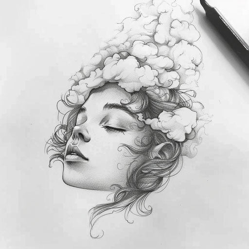 Elegant flat tattoo sketch of a sleeping face with dreamy cloud-like hair