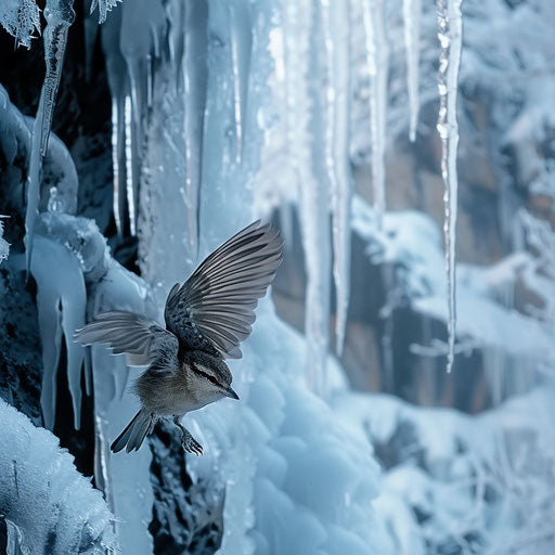 Wall creeper bird fluttering by frozen waterfall in winter