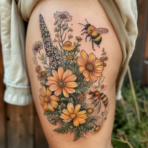 Wildflower tattoo with bees, detailed flowers, nature scene
