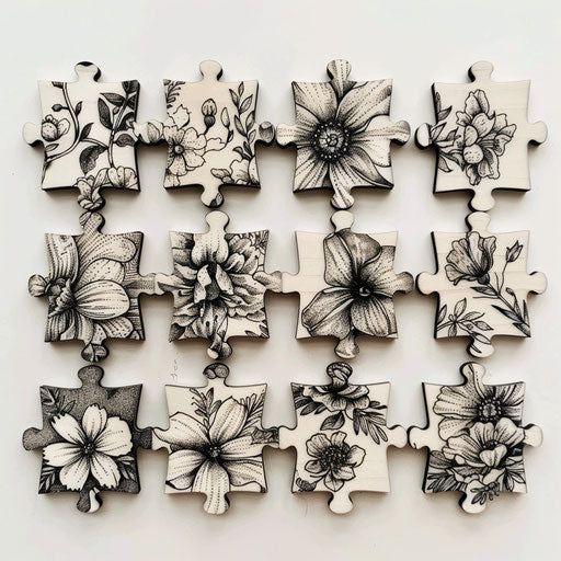 Collection of small puzzle piece tattoos, various floral patterns on white background