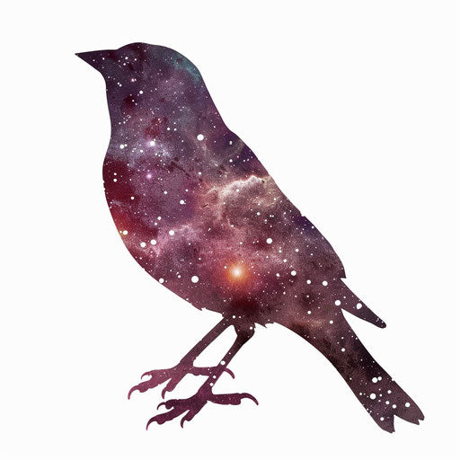 Sparrow filled with galaxy pattern, blending space and nature, on white background.