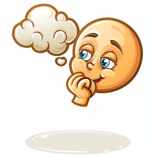 Emoticon with thought bubble on white background, cartoon style