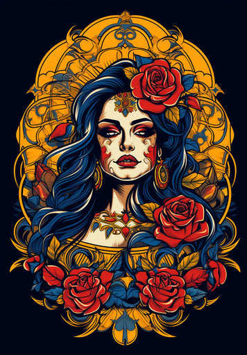 Oldschool tattoo design with portrait of woman with roses and thorns