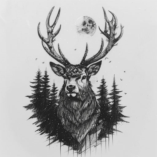 Tattoo sketch of a stag with majestic antlers, forest elements, clipart style, flat black ink