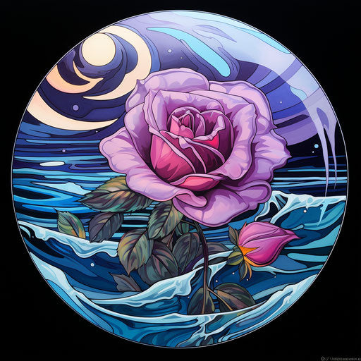 Purple rose in crystal ball with sea, tondo style, captivating