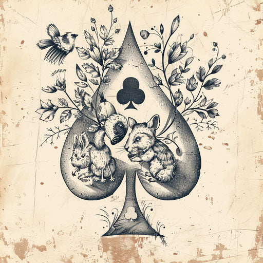 Whimsical spade tattoo sketch with playful animal and character clipart