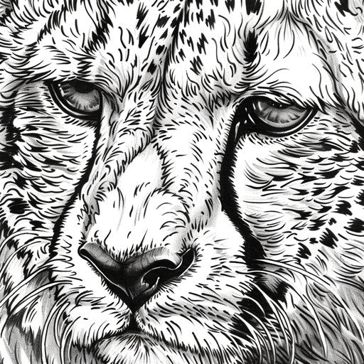 Detailed view of a cheetah's face with distinctive tear marks and spots. Coloring book page