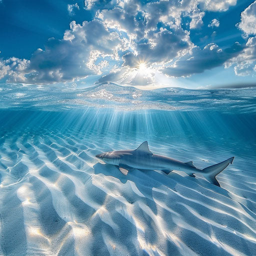 Tiger shark in crystal-clear waters with sunbeams
