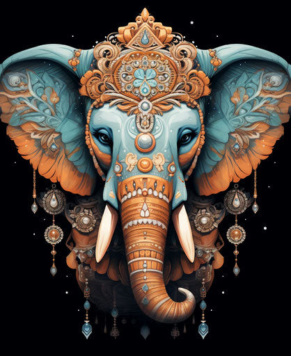 Indian Elephant with Ornamental Rosary and Beaded Headpiece