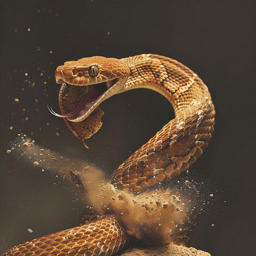 Copperhead snake striking at prey, in the style of Tim Flach