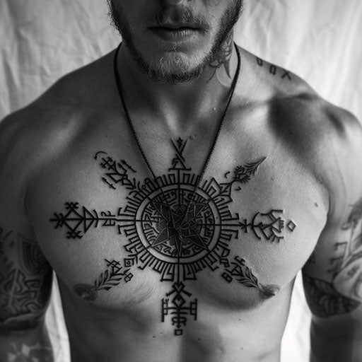 Meaningful tattoos for men featuring a Viking compass on the chest