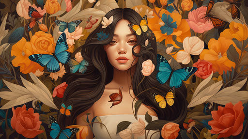 The girl among flowers and butterflies