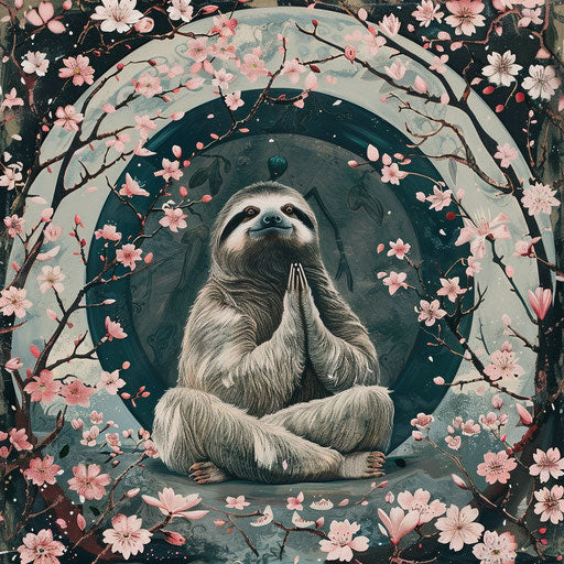 A sloth practicing yoga in a serene zen garden