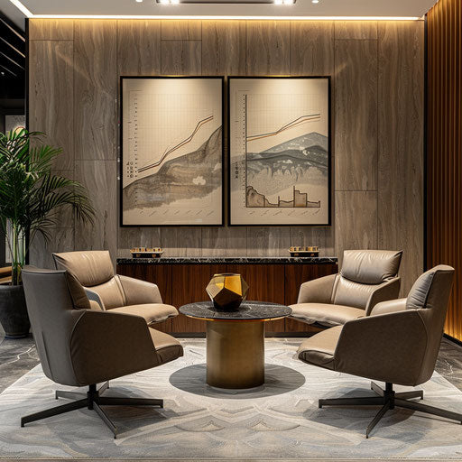 Sophisticated investment office with modern decor and financial charts