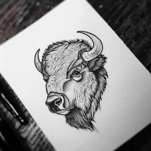 Minimalist flat tattoo sketch of a bison, simplistic yet powerful