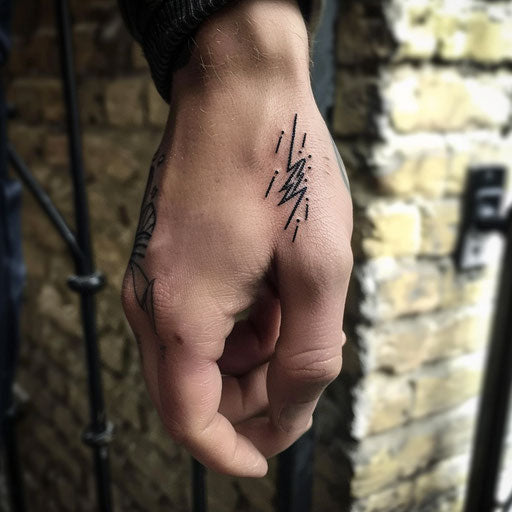 Simple lightning bolt tattoo, Peter Jackson style, on finger