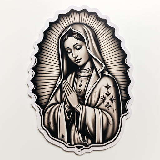 The Guadalupe Virgin in black and white feminine sticker art