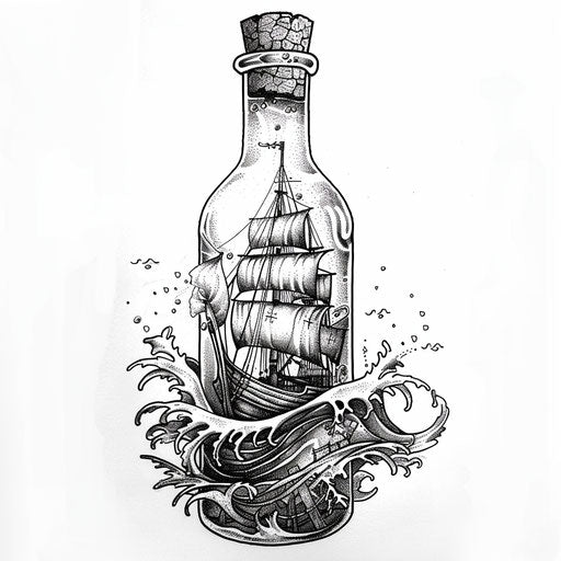 Drawing of a ship in a bottle, with detailed waves and a cork stopper, as a unique ocean tattoo concept, on a pure white background