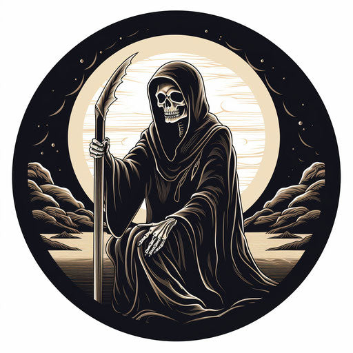 The grim reaper in black and white with a sculpted scythe