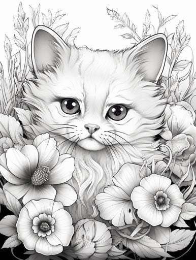 The cat in a flower coloring page, anne stokes style kawaii, unbelievably beautiful, ilford pan f