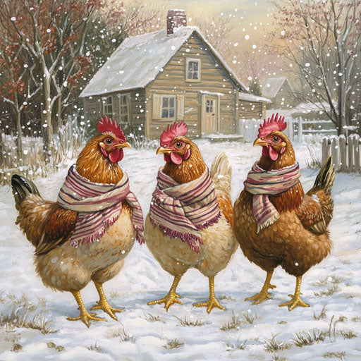 Three French hens in striped scarves, pecking in a snowy barnyard looking for treats.