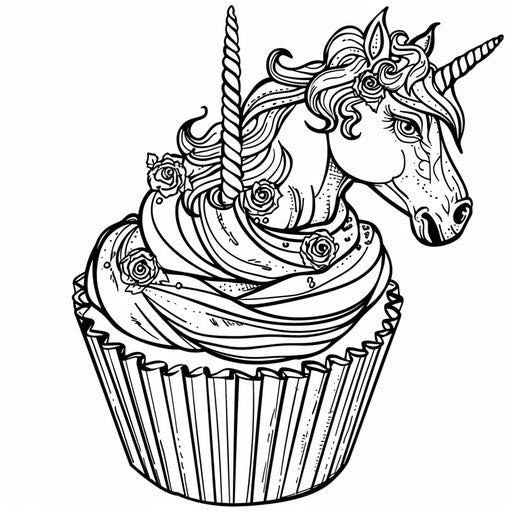 A cupcake with a magical unicorn topper. Coloring book page