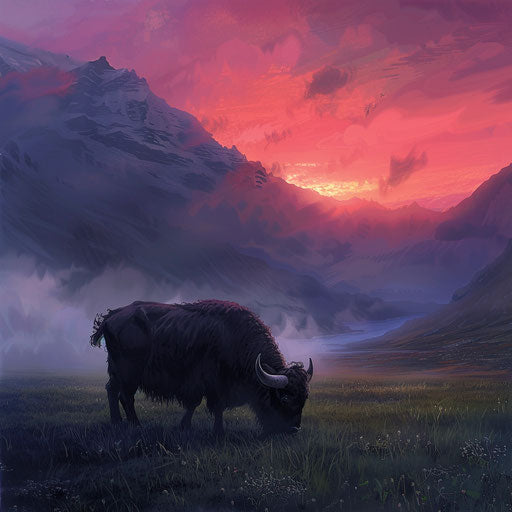 Yak grazing in a misty Himalayan valley at sunrise