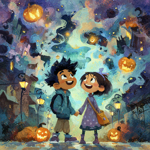 Whimsical Halloween Adventure in a Dreamlike Landscape