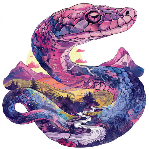 Surreal tattoo sketch of a black mamba with dreamy landscape colors