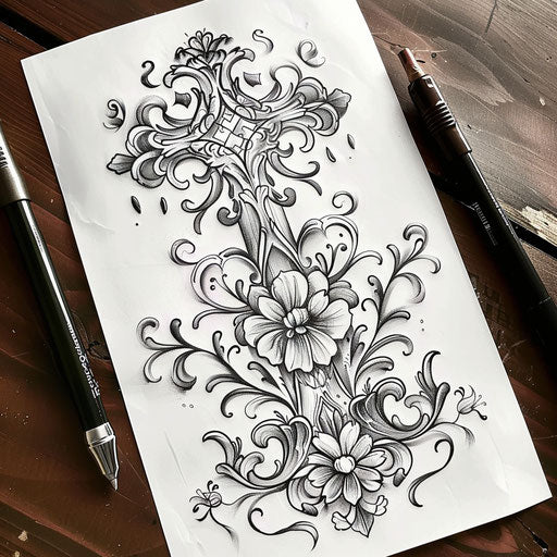 Neo-traditional flat tattoo sketch of the Cruz with ornate floral and vine decorations