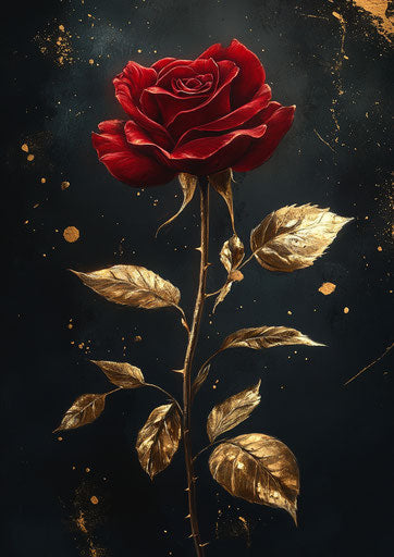 Red rose with golden leaves, fantasy art, dark background