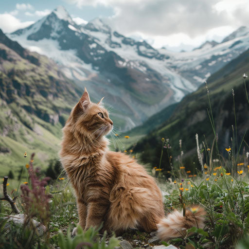 Brown cat in front of mountain scenery