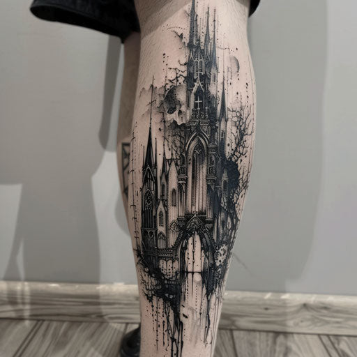 Gothic leg tattoo in architectural style