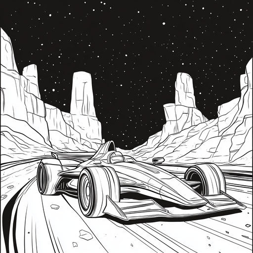 Race car in a nighttime race, Jen Bartel style, coloring page