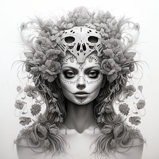 The skull girl, detailed monochrome style, Mexican folklore-inspir