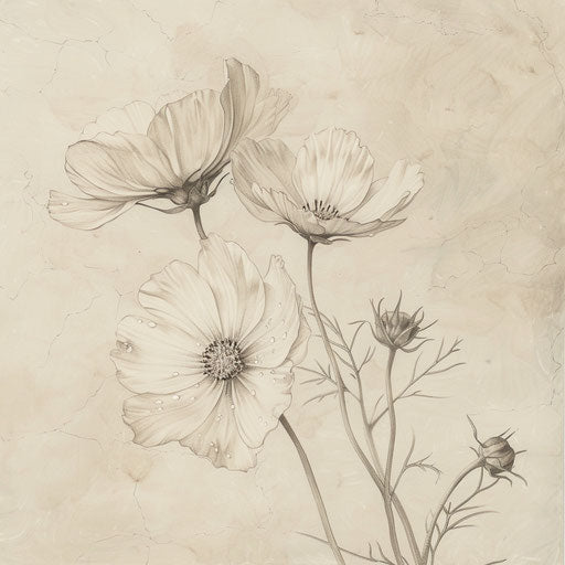Realistic tattoo sketch of dew-covered cosmos flowers in soft morning light, capturing the delicate nature of October birth flowers